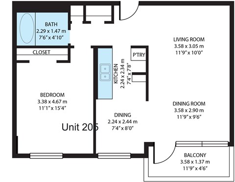 A floor plan of a unit with a bath, closet, kitchen, dining room, bedroom, and balcony.